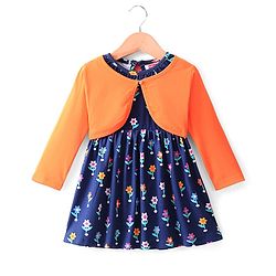 Babyhug 100% Cotton Knit Frock with Full Sleeve Shrug Floral Print - Navy Blue & Orange