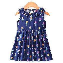 Babyhug 100% Cotton Knit Frock with Full Sleeve Shrug Floral Print - Navy Blue & Orange