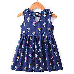Babyhug 100% Cotton Knit Frock with Full Sleeve Shrug Floral Print - Navy Blue & Orange