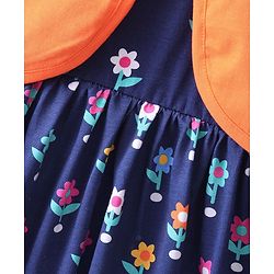 Babyhug 100% Cotton Knit Frock with Full Sleeve Shrug Floral Print - Navy Blue & Orange