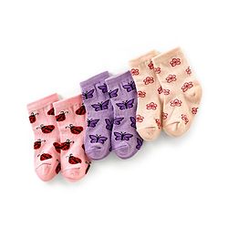 Cute Walk by Babyhug Anti Bacterial Ankle Length Non Terry Socks Butterfly Design Pack of 3 - Pink Purple & Peach