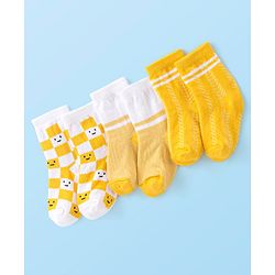 Cute Walk By Babyhug Non Terry Anti Bacterial Ankle Length Socks Smile Design Pack Of 3 - White & Yellow