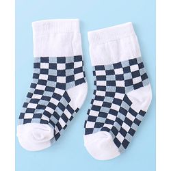 Cute Walk By Babyhug Non Terry Anti Bacterial Ankle Length Socks With Checks & Star Design Pack Of 3 - White & Blue
