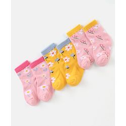 Cute Walk by Babyhug Cotton Knit Anti Bacterial Ankle Length Floral Design Socks Pack of 3 - Multicolour