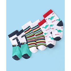 Cute Walk by Babyhug Cotton Blend Ankle Length Anti Bacterial Socks Dino Design Pack of 3 - White & Blue
