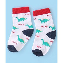 Cute Walk by Babyhug Cotton Blend Ankle Length Anti Bacterial Socks Dino Design Pack of 3 - White & Blue