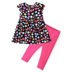 Babyhug 100% Cotton Knit Half Sleeves Frock Polka Print With Leggings - Navy Blue & Pink