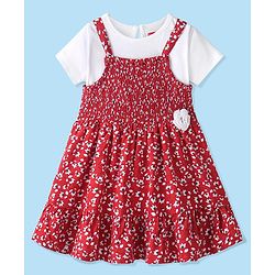 Babyhug Rayon Frock with Half Sleeves Inner Tee Floral Printed - Red & White