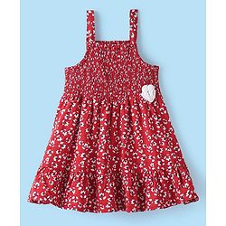 Babyhug Rayon Frock with Half Sleeves Inner Tee Floral Printed - Red & White