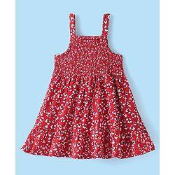 Babyhug Rayon Frock with Half Sleeves Inner Tee Floral Printed - Red & White