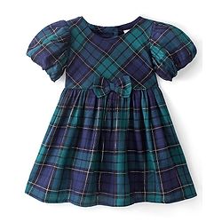 Babyhug Woven Yarn Dyed Half Sleeves Frock Checkered - Green & Blue