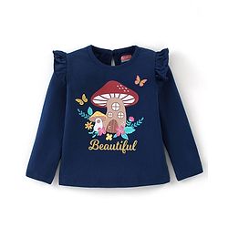 Babyhug Cotton Full Sleeves Tee With Butterfly Graphics & Frill Detailing - Navy Blue