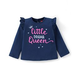 Babyhug Full Sleeves Tee With Text Graphics & Frill Detailing - Navy Blue