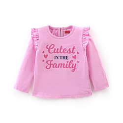Babyhug Cotton Full Sleeves Tee With Frill Detailing & Text Graphics- Pink