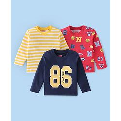 Babyhug Cotton Knit Full Striped & Numeric Printed T-Shirts Pack of 3 - Multicolour