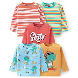 Babyhug Cotton Knit Full Sleeves T-Shirts With Stripe & Text Graphics Design Pack of 5 - Multicolor