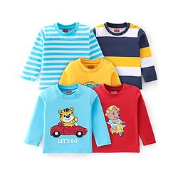 Babyhug Cotton Knti Full Sleeves T-Shirts Striped & Tiger Printed Pack of 5 - Blue Red & Yellow