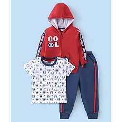 Babyhug Cotton Knit Half Sleeves T-Shirt & Lounge Pant Set with Hoodie Panda Print - Red White & Blue