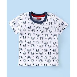 Babyhug Cotton Knit Half Sleeves T-Shirt & Lounge Pant Set with Hoodie Panda Print - Red White & Blue