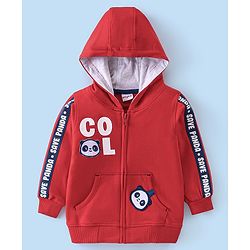 Babyhug Cotton Knit Half Sleeves T-Shirt & Lounge Pant Set with Hoodie Panda Print - Red White & Blue