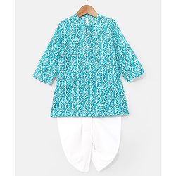 Babyhug 100% Cotton Knit Full Sleeves Printed Kurta & Dhoti Set - Aqua Blue & White