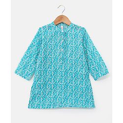 Babyhug 100% Cotton Knit Full Sleeves Printed Kurta & Dhoti Set - Aqua Blue & White