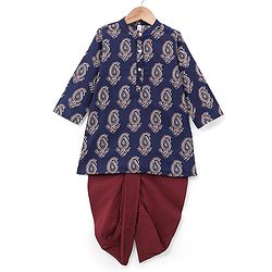 Babyhug 100% Cotton Knit Full Sleeves Ethnic Koyi Printed Kurta & Dhoti Set - Blue & Maroon