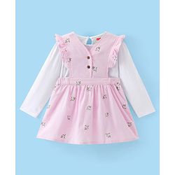 Babyhug 100% Cotton Cordrouy Embroidered Frock & Inner Tee With Floral Embroidery - White & Pink