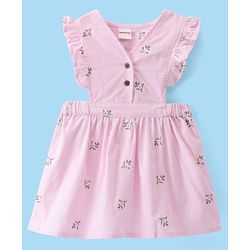 Babyhug 100% Cotton Cordrouy Embroidered Frock & Inner Tee With Floral Embroidery - White & Pink