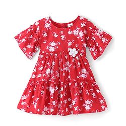 Babyhug Woven Half Sleeves Frock With Floral Print - Red