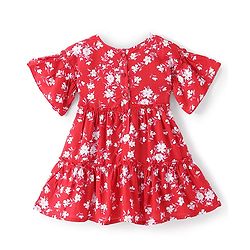 Babyhug Woven Half Sleeves Frock With Floral Print - Red