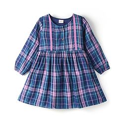 Babyhug Cotton Woven Full Sleeves Yard Dyed Checkered Frock - Blue