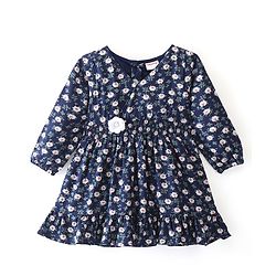 Babyhug 100% Cotton Knit Full Sleeves Frock With Floral Print & Floral Applique - Navy Blue