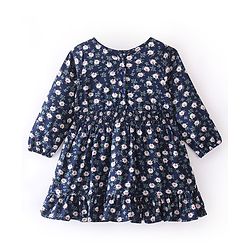 Babyhug 100% Cotton Knit Full Sleeves Frock With Floral Print & Floral Applique - Navy Blue