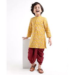 Babyhug Cotton Full Sleeves Fish Printed Kurta with Dhoti Set - Mustard