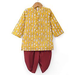 Babyhug Cotton Full Sleeves Fish Printed Kurta with Dhoti Set - Mustard