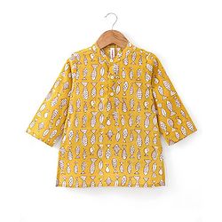 Babyhug Cotton Full Sleeves Fish Printed Kurta with Dhoti Set - Mustard