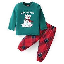 Babyhug Cotton Knit Full Sleeves Night Suit With Teddy Print - Green & Red
