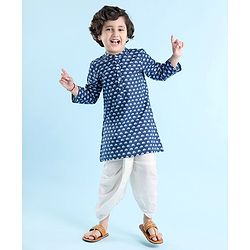 Babyhug Cotton Woven Full Sleeves Elephant Printed Kurta with Dhoti Set - Indigo