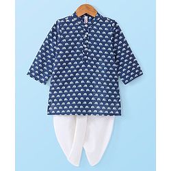 Babyhug Cotton Woven Full Sleeves Elephant Printed Kurta with Dhoti Set - Indigo
