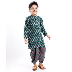 Babyhug Cotton Woven Full Sleeves Floral Printed Kurta with Dhoti Set - Green