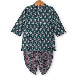 Babyhug Cotton Woven Full Sleeves Floral Printed Kurta with Dhoti Set - Green