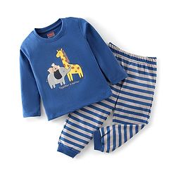 Babyhug Cotton Knit Full Sleeves Night Suit Stripes & Animal Print - Navy Blue & Grey