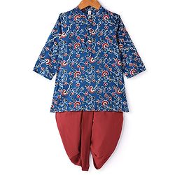 Babyhug 100% Cotton Woven Full Sleeves Floral Printed Kurta with Dhoti Set - Indigo Blue & Red