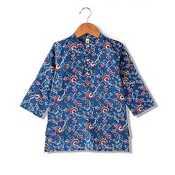 Babyhug 100% Cotton Woven Full Sleeves Floral Printed Kurta with Dhoti Set - Indigo Blue & Red