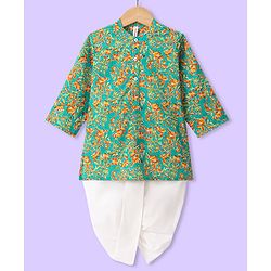Babyhug 100% Cotton Woven Full Sleeves Floral Printed Kurta & Dhoti Set - Green