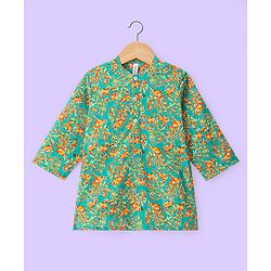 Babyhug 100% Cotton Woven Full Sleeves Floral Printed Kurta & Dhoti Set - Green