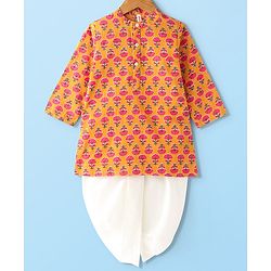 Babyhug 100% Cotton Woven Full Sleeves Floral Printed Kurta & Dhoti Set - Mustard Yellow