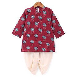 Babyhug 100% Cambric Full Sleeve Printed Kurta With Solid Dhoti Set - Maroon