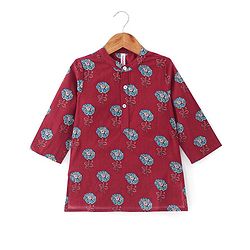 Babyhug 100% Cambric Full Sleeve Printed Kurta With Solid Dhoti Set - Maroon